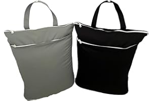 MOM & BAB 10X12 Inches - 2 Wet/Dry Storage Bags| Water/Odor Resistant | Machine Wash/Dry | For: Cloth Diapers, Daycare, Soiled Baby Items, Swimsuits, Gym, Yoga, Travel (Black & Grey -2 Zippered Compartments)