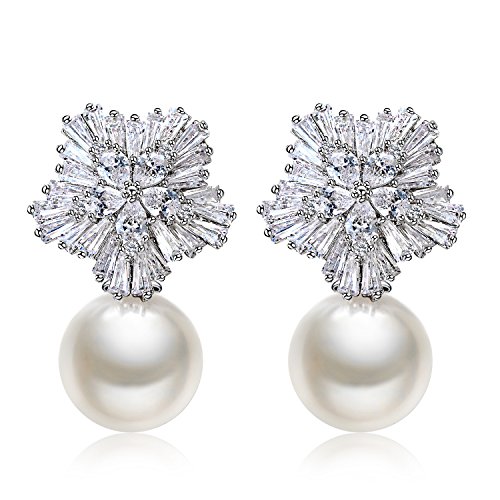 18K Gold-Plated 925 Sterling Silver Pin Simulation Diamond Snowflake CZ Shell Pearl Stud Earrings (Silver)