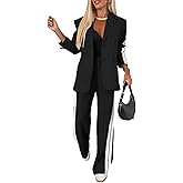 CHICME Womens Two Piece Outfits Striped Side Button Blazer and Pants with Pockets Sets Business Casual Pant Suits Set