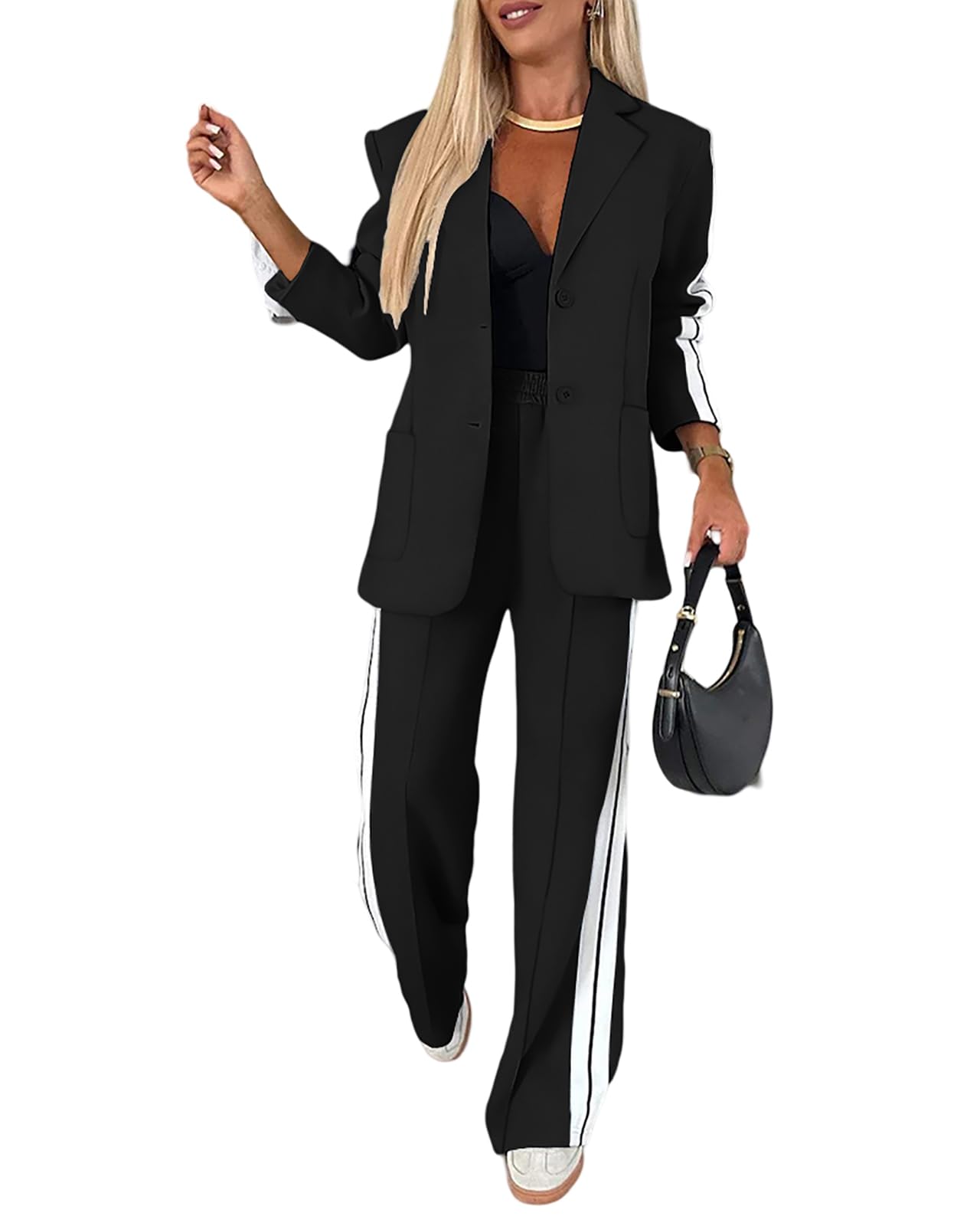 Photo 1 of **POSSIBLY RUNS SMALL** CHICME Womens Two Piece Outfits Striped Side Button Blazer and Pants with Pockets Sets Business Casual Pant Suits Set-bk-M Black