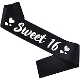 PANBINN Sweet 16 Birthday Sash, Silver Foil Black Satin 'Sweet 16' Birthday Sash for Girl 16th Bday Party Decorations Gifts Favors