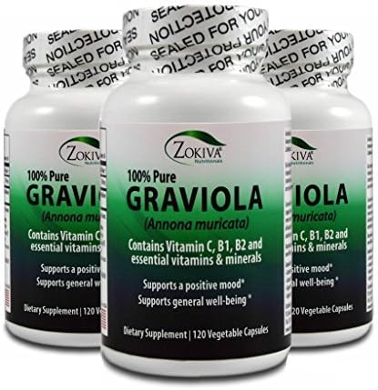 Graviola Capsules 3-PACK - 100% Pure Premium Soursop -360 veggie caps - 800mg per serving by Zokiva Nutritionals