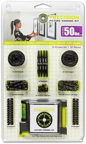 Precision Picture Hanging Kit, 12 Picture Kit with Leveling Tape Measure, Hangs up to 12 Frames, for use with D-Ring, Sawtooth, Wire, and Keyhole Frames, Holds Up to 50 lbs., Reposition Adhesive