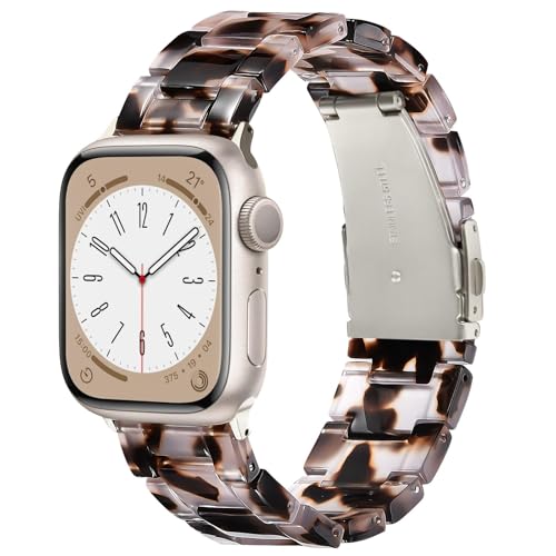 V.R.HOPE Resin Watch Band Compatible with Apple Watch Band for Women 42mm 44mm 45mm Tortoise Metal Buckle Wristband Bracelet Strap for iWatch Series 10 9 8 7 6 5 4 3 2 1 SE(Tortoise starlight)