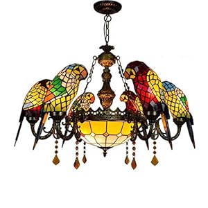 Klassieke Tiffany Parrot hanglamp vintage glas in lood lampenkap plafond kroonluchter Multi-birds ontworpen opknoping…