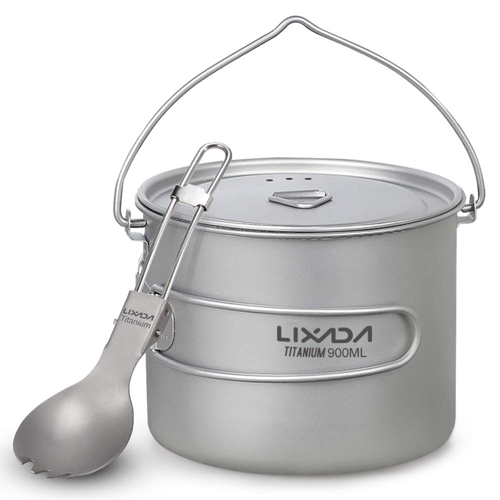 Lixada Titanium Cup Camping Pot with Lid and Foldable Spork, 750 ml/900 m/1100 ml, Lightweight Picnic Cookware, for Outdoor Camping Hiking Backpack Picnic, 128 g (900 ml)