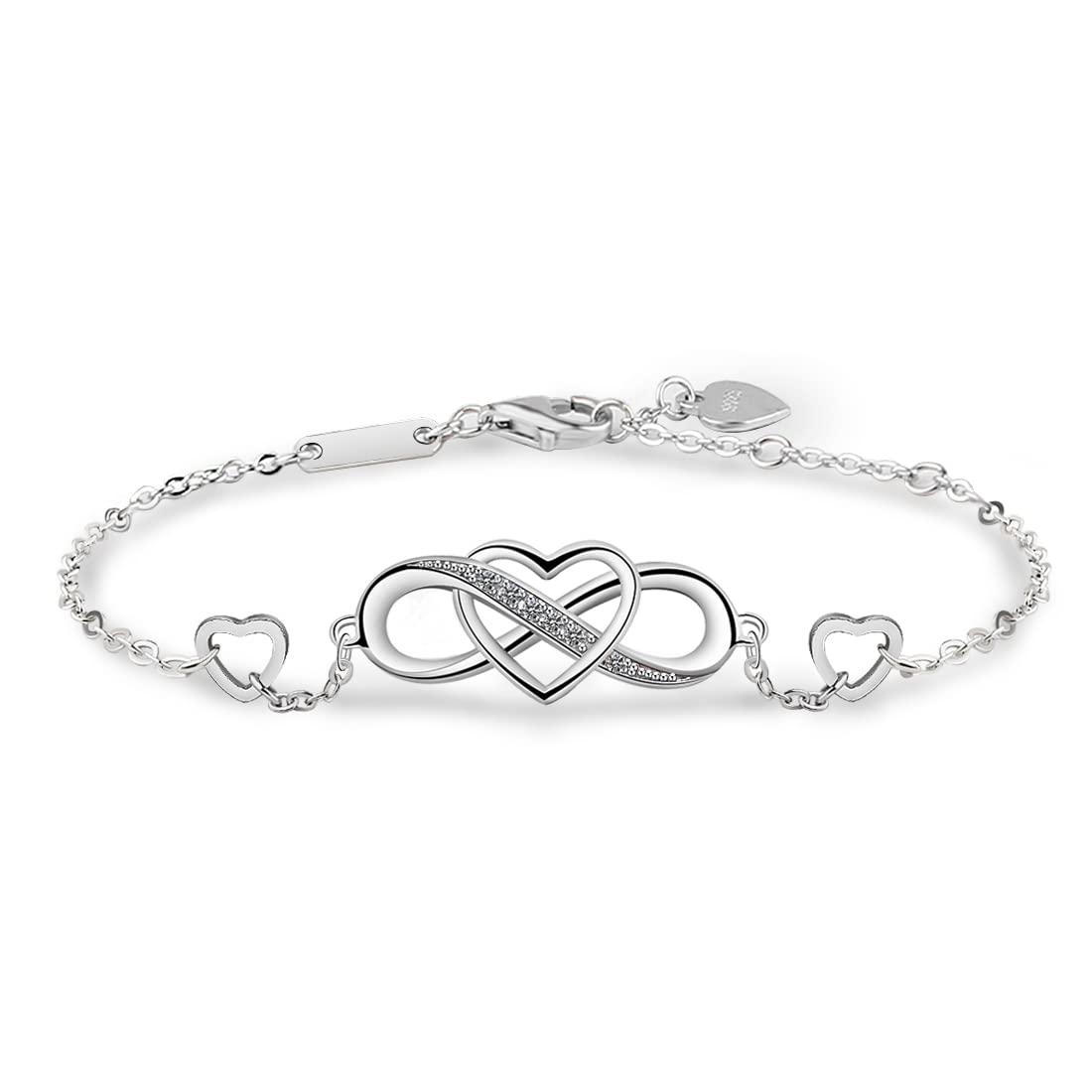Yaneno Womens Bracelet 925 Sterling Silver Zircon Crystal Infinity Endless Love Symbol Charm Adjustable Wristband for Women (White Gold)