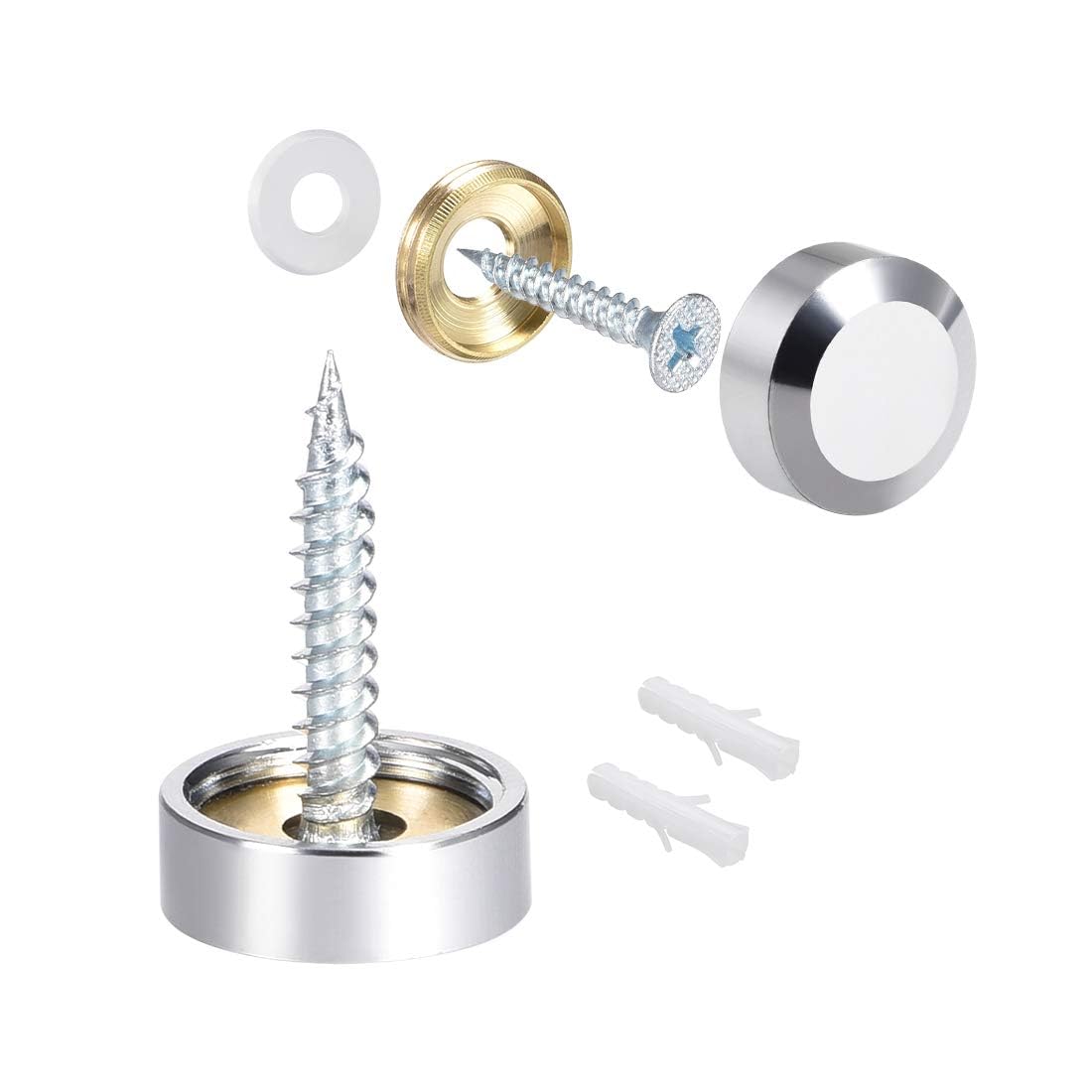 TOP-VIGOR 4Pcs Mirror Screws, 16mm brass Mirror Screws Cap Nail with Washers, Decorative Cap Covers Polished Mirror Nails for Mirrors, Furniture Fittings, Tables, Wardrobes, Glass, Silver with stopper