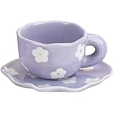 Koythin Ceramic Coffee Mug with Saucer Set, Cute Creative Cup Unique Irregular Saucer Design for Office and Home, 6 oz/180 ml for Latte Tea Milk (Purple Flower)
