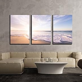 3 Piece Canvas Wall Art - Ocean Waves on The Beach in Fair Weather - Modern Home Art Stretched and Framed Ready to Hang - 16"x24"x3 Panels
