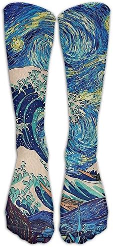 The Great Wave Off Kanagawa And Starry-night Crew Socks Casual Socks Crazy Socks Compression Socks Crazy Socks High Socks For Running,Athletic,Travel,Nursing.
