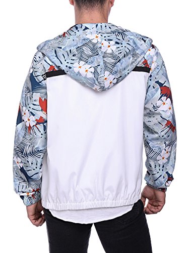 HEQU Men's Floral Hooded Windbreaker Lightweight Zip-Up Jacket with Pocket White XL - Thumbnail 2