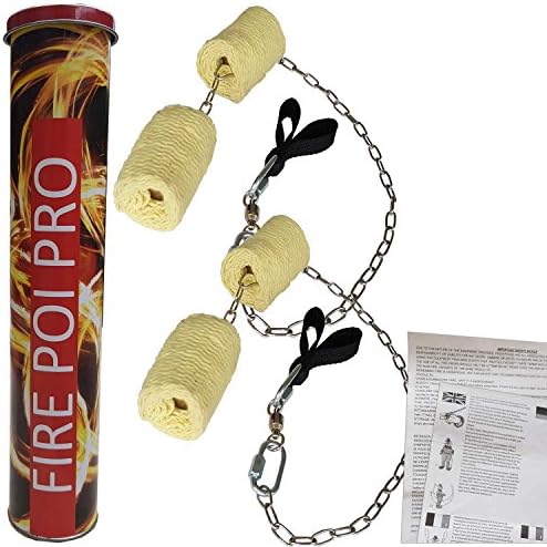 PassePasse Pair of Double Pro + Extinguisher, Fire Poi Chains with 4x5cmx75cm Kevlar fire wick, Double finger loops, Swivel Bearings & Delta links