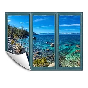 Wall Murals for Bedroom Fake Window Beach Blue Window Removable Wallpaper Peel and Stick Wall Stickers - 24x32 inches