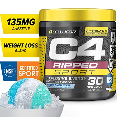 C4 Ripped Sport Pre Workout Powder Artic Snow Cone, Nsf Certified for Sport + Sugar Free Preworkout Energy Supplement for Men & Women, 135mg Caffeine + Weight Loss, 30 Servings, 8.7 Oz