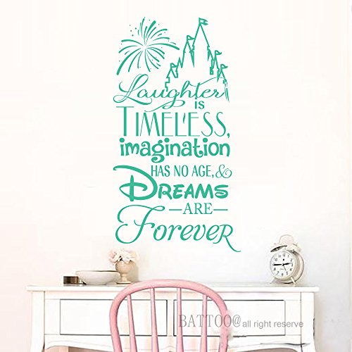 BATTOO Laughter Is Timeless Imagination Has No Age And Dreams Are Forever Vinyl Wall Decal Quote Kids Room Castle Wall Decor 9″ wide by 16″ tall,teal