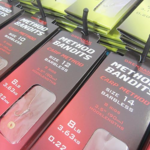 FTD - 16 (2 packs of 8) DRENNAN METHOD BANDITS (CARP METHOD) Barbless Hair Rigs Fishing Hooks - sizes 8, 10, 12, 14 & 16 - Comes with 10 FTD Barbless Hair Rigs