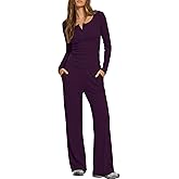 Darong Womens 2 Piece Matching Lounge Sets 2026 Long Sleeve Henley Shirts Wide Leg Pants Airport Travel Outfits