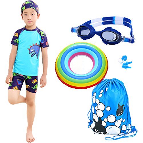 Monvecle Little Boys' 7-Pieces Short Sleeve Rash Guard Swimsuit Set with Swim Cap UPF 50+ Blue 5-6y