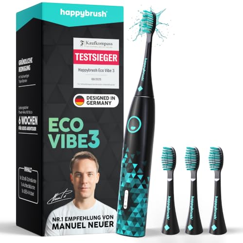 happybrush® Schallzahnbürste Eco Vibe 3 – TESTSIEGER – 100 Tage testen - Elektrische Zahnbürste mit 8 Wochen Akku – Schallzahnbürsten – 2 Jahre Garantie - Inkl.