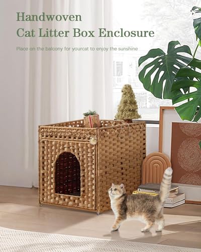 NIUB Cat Litter Box Enclosure Furniture, Hidden Litter Box with Mat and Fence, Handwoven Rattan Cat House with Two S-Shaped Hooks for Living Room, Bedroom, 18.5 x 20.5 x 19.1 Inches