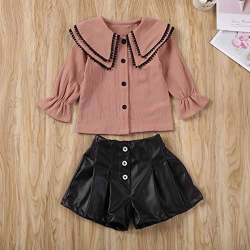 1-6Y Toddler Kids Baby Girl Clothes Ruffle Long Sleeve Button Down Shirts Top +Leather Shorts Skirt Fall Outfits Set (Pink, 12-24 Months)