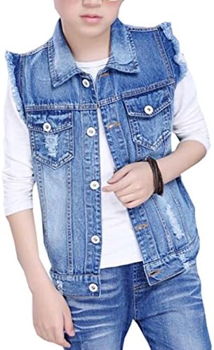 Boys Cowboy Single-Breasted Vest Jacket Child Denim Broken Hole Vest