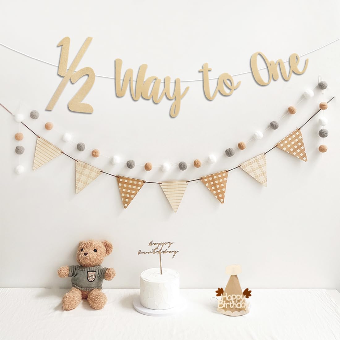 Photo 1 of 1/2 Way to One Half Birthday Banner Pre-Strung Pennant Felt Fabric Banner Flags and Pom Pom Garland, Party Hat for Birthday Decorations, Reusable Half Way to One Bunting Sign for Girl Boy 6 Months