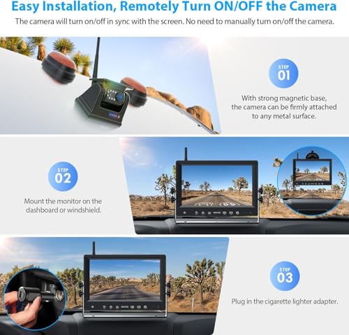 4 Wireless Solar Magnetic Reversing Cameras 9 Inch 1080P HD Monitor, 9600 mAh Battery, 1 Minute Installation, IP69K Waterproof, for Trailers, Motorhomes and Trucks | 9600mAh Akku, 1 Min Installation, IP69K Wasserdicht Rückfahrkamera Funk für Anhänger, Wohnmobile und LKWs