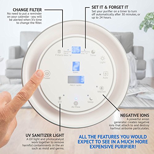 SilverOnyx Air Purifier with True HEPA Carbon Filter, UV Light, Ionizer. Best Home Air Cleaner for Allergies and Pets, Smoke, Dust, Mold, Smokers. Powerful Small to Large Room 500 sq ft. White - Thumbnail 3
