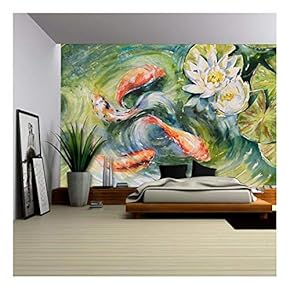 Colorful Fishes Swimming in Pond .Picture Created with Watercolors. - Removable Wall Mural | Self-Adhesive Large Wallpaper - 66x96 inches