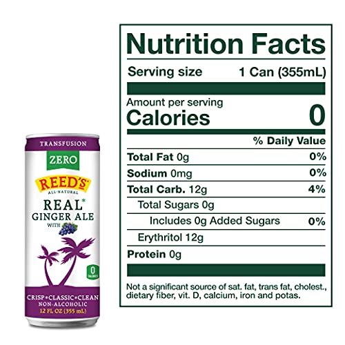 Reed's Zero Sugar Transfusion, Real Ginger Ale with a Hint of Grape, 4 Pack, 12 oz Slim Can
