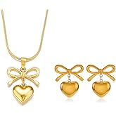 ONLYJUMP 2 Pairs Heart Ribbon Bow Dangle Earrings Necklaces Set For Women 14k Gold Plated Dainty Ribbon Heart Bow Earrings Necklces Trendy Jewelry Gift