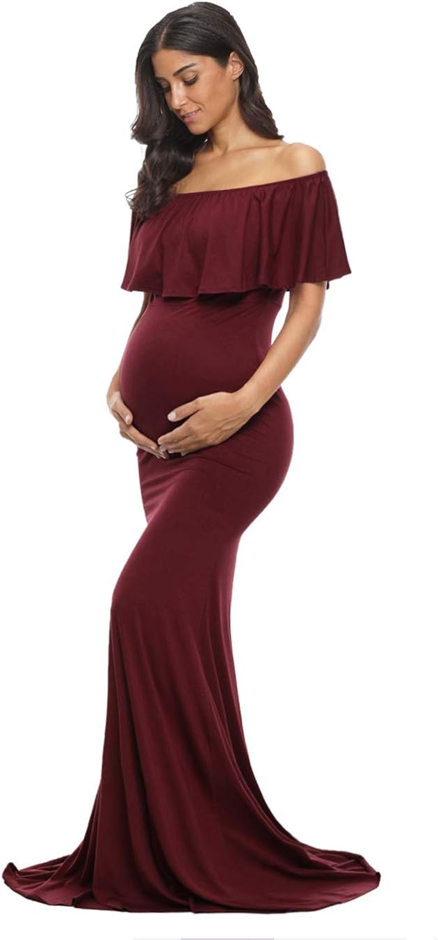 Glampunch Womens Off Shoulder Maternity Dress Ruffles Elegant Slim Gowns Fit Maxi Photography Dress at  Women’s Clothing store