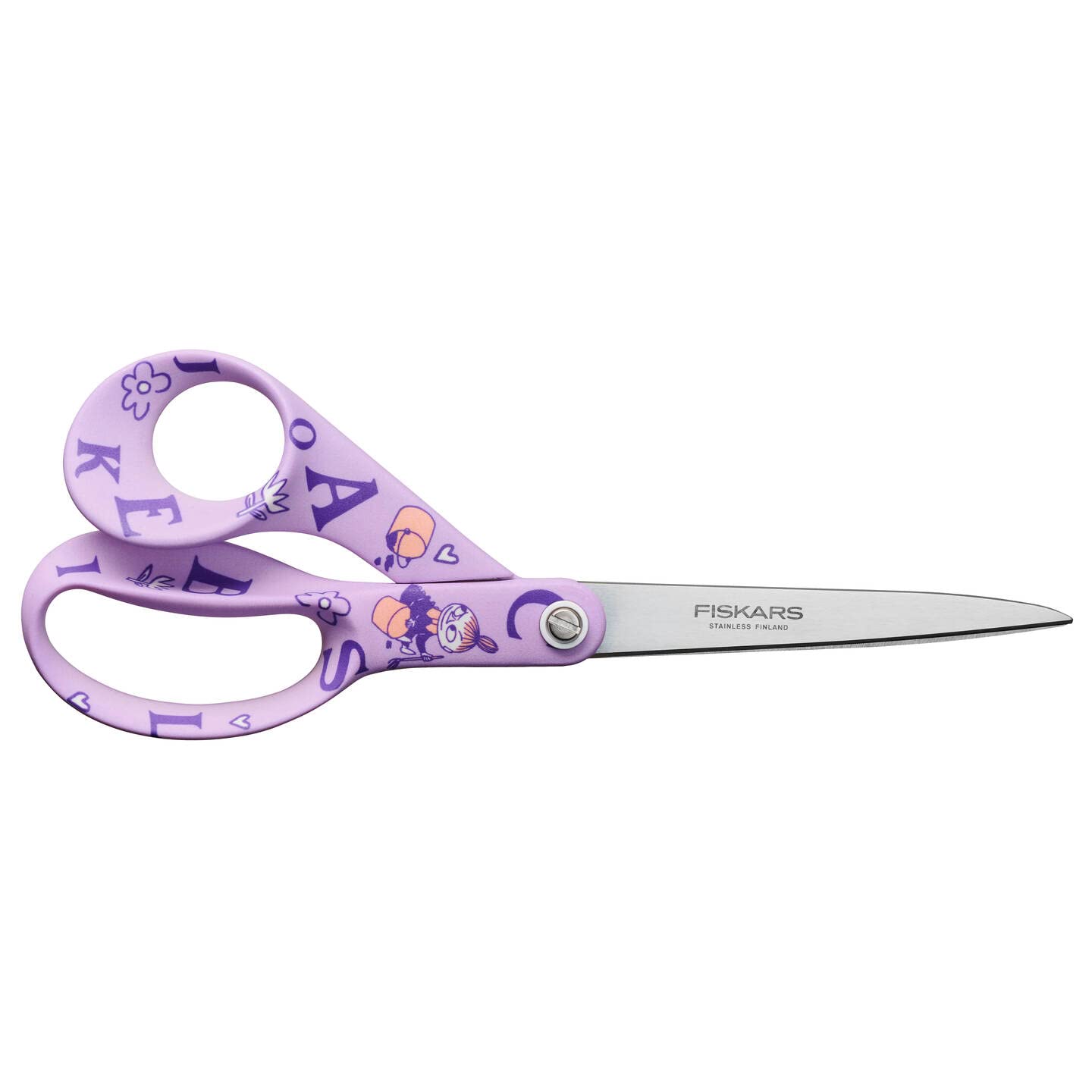 Fiskars 21cm Moomin Right-Handed Scissors - General Purpose Craft Shears for Precision Cutting, Officially Licensed, Ideal for Paper, Fabric, and More - Purple ABC