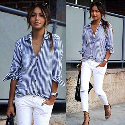 Nevera Women Striped Long Sleeve Loose V Neck Blouse Casual Ladies T Shirt Tops (L, Blue)