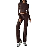 MakeMeChic Women's 2 Piece Sets Crew Neck Crop Tops and Low Rise Wide Leg Pants Lounge Summer Sets