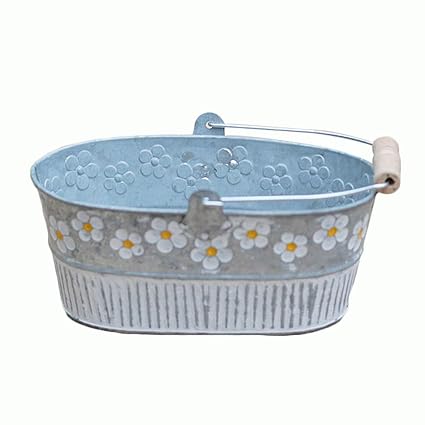 Yardwe Planter Flower Pot Steel Tub Vintage Daisy Embossed Garden Metal Tin Bucket Planter Pots With Handle Retro Home Decoration Wedding Window