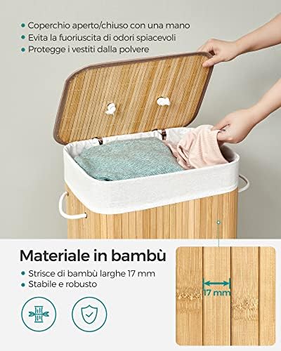 Cesta Portabiancheria con Coperchio, 72 L, Cesto Porta Biancheria in Bamb? Pieghevole, Sacco Rimovibile e Lavabile in Lavatrice, Maniglie, Lavanderia Camera, Naturale LCB10Y