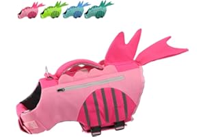 EMUST Dog Floating Vest, Dog Shark Life Jacket, Pockets Design Small Dog Vests with Pockets, Dog Lifesaver for Swimming Boating Water, Pink, S