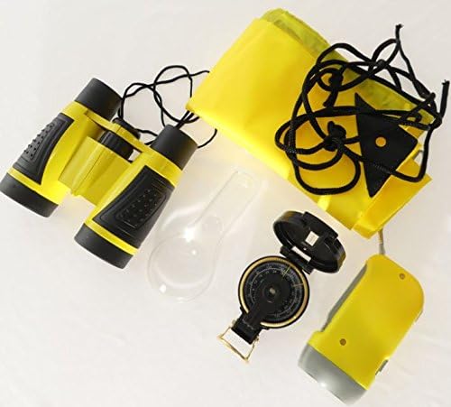 Tech Adventure Set, 8x21 Folding Binoculars, Dynamo Hand Crank Flashlight, Lensatic Compass, Magnifying Glass, Kids, Birdwatching, Outdoor, Insect, Nature, Camping, Hunting, Hiking