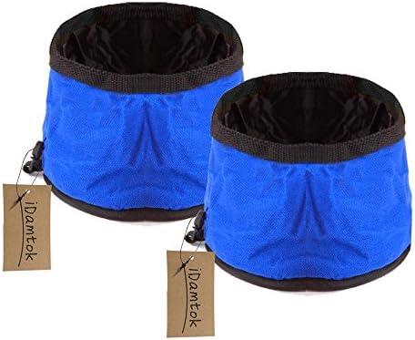 iDamtok Collapsible Travel Dog Cat Bowls , Oxford Fabric Waterproof Foldable Travel Pet Food and Water Bowl, Pack of 2, Blue