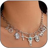 Western Charm Necklaces for Women Cowgirl Turquoise Cow Tag Hat Boot Pendant Necklaces Vintage Rodeo Country Concert Silver Paperclip Chain Necklace Western Jewelry Outfits Accessories