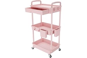 REBECAT 3 Tier Rolling Utility Cart with Drawer,Storage Cart,Rolling Cart for Kitchen,Bathroom,Living Room,Storage Organizer with Iron Wheels（Pink