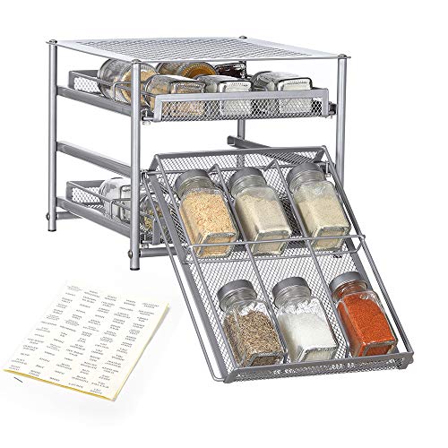 NEX 3-Tier Spice Rack 18-Bottle Standing Spice Drawer Storage Organizer for Kitchen Cabinet Countertop Silver