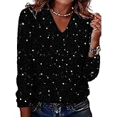 Women Sequin V Neck Top Long Sleeve, Sparkly Party Cocktail Evening Blouse Shirt Elegant Night Out Top