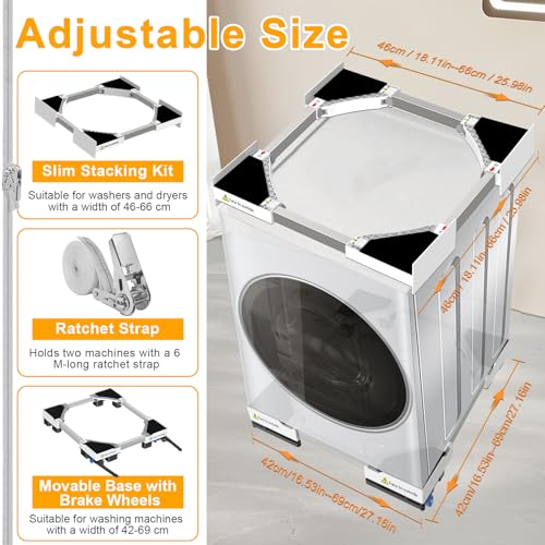 NIUXX Universal Connecting Frame and Base for Dryer and Washing Machine, Adjustable in Size with Ratchet Cable and Transport Wheels with Brake for Washing Machines and Dryers, Space Saving