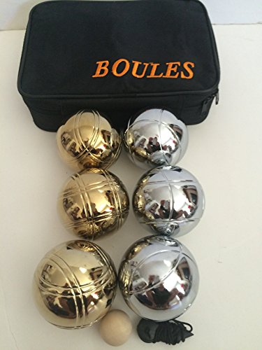 Unique 6 ball 73mm Metal Bocce/Petanque set with 3 silver balls and 3 gold balls