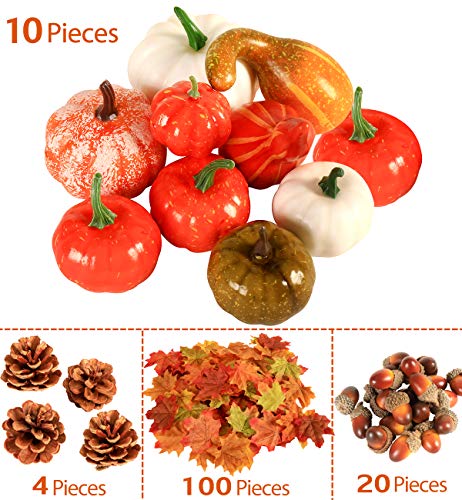 VIGEIYA 134 Pcs Thanksgiving Artificial Pumpkins Autumn Gourds Maple Leaves Pine Cones Harvest Party Decorations - Thumbnail 2