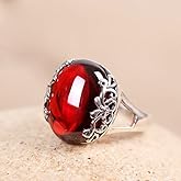 QUSIIOSLK Retro White Gold Red Gemstone Handmade Ring for Women Vintage Thai Silver Opening Adjustable Green Agate Ring Wedding Party Statement Engagement Inspired Cocktails for Woman(Red)